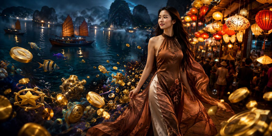 Người phụ nữ mặc áo dài kiểm tra vé xổ số và kết quả trực tuyến tại vịnh Hạ Long